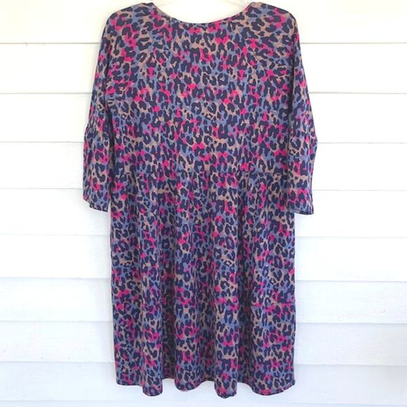 Pact NEW Rainbow Leopard Empire Waist Pocketed 3/4 Sleeve  Knit Mini Dress S - Picture 3 of 9